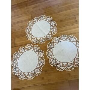 Linen And Crochet Lace Doily Set Of 3 Inches Round Vintage 8” 12.5”